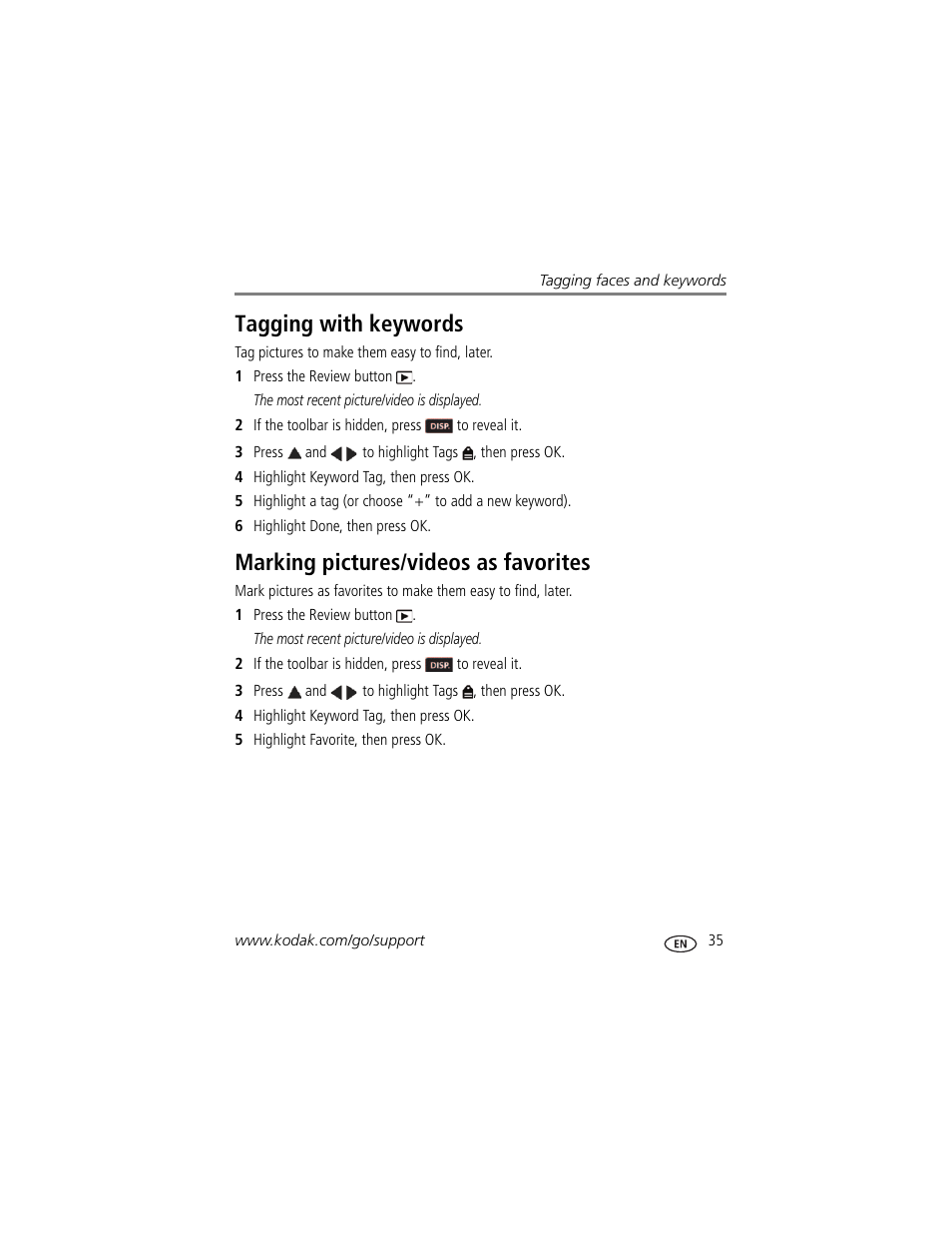 Marking pictures/videos as favorites, Tagging with keywords | Kodak Z5120 User Manual | Page 43 / 80