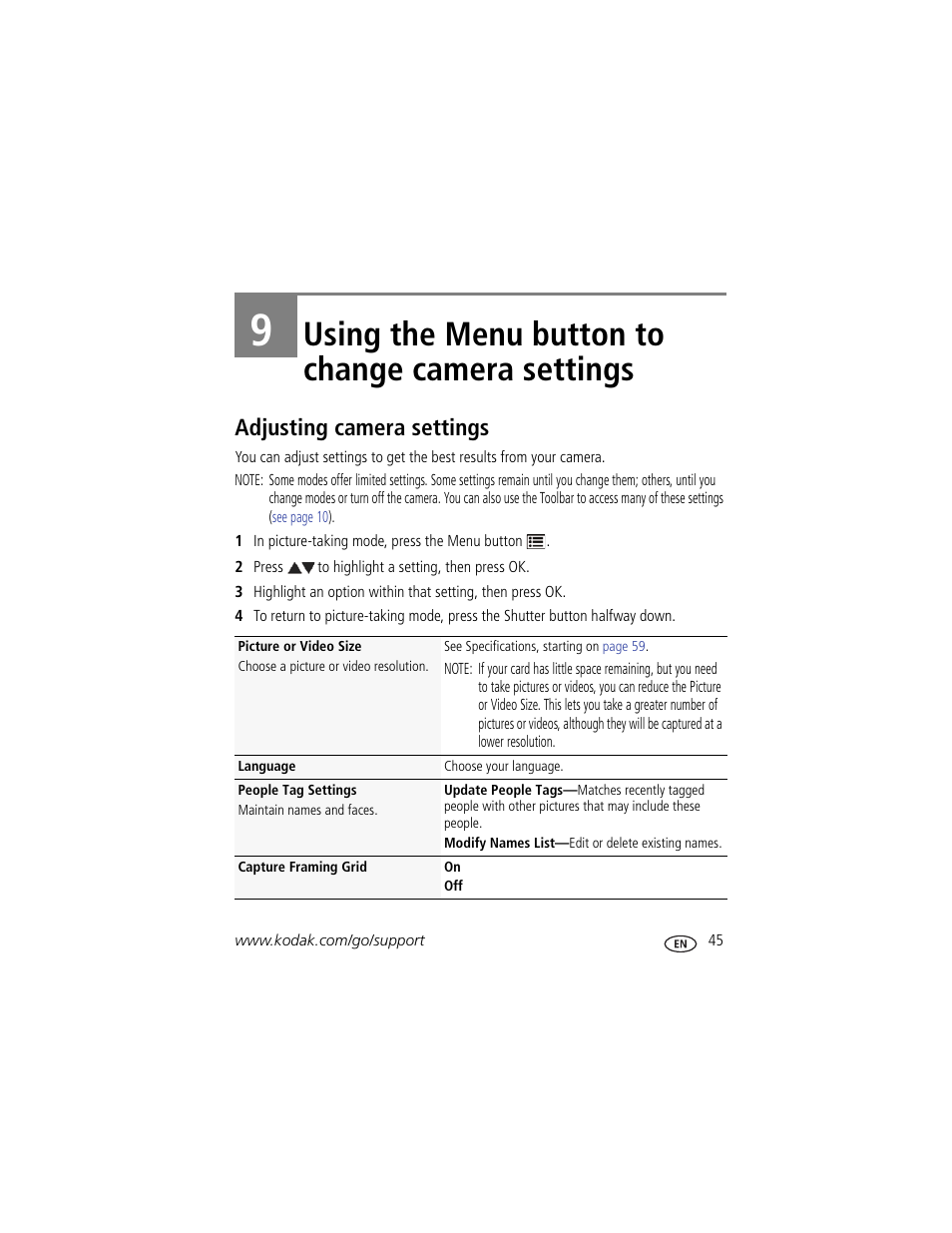 Using the menu button to change camera settings, Adjusting camera settings, 9 using the menu button to change camera settings | Kodak Z5120 User Manual | Page 53 / 80