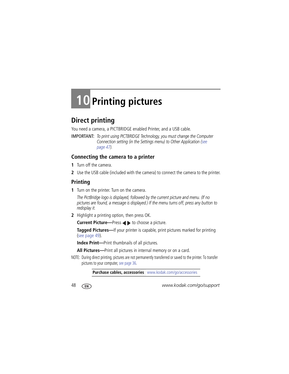 Printing pictures, Direct printing, Connecting the camera to a printer | Printing, 10 printing pictures | Kodak Z5120 User Manual | Page 56 / 80