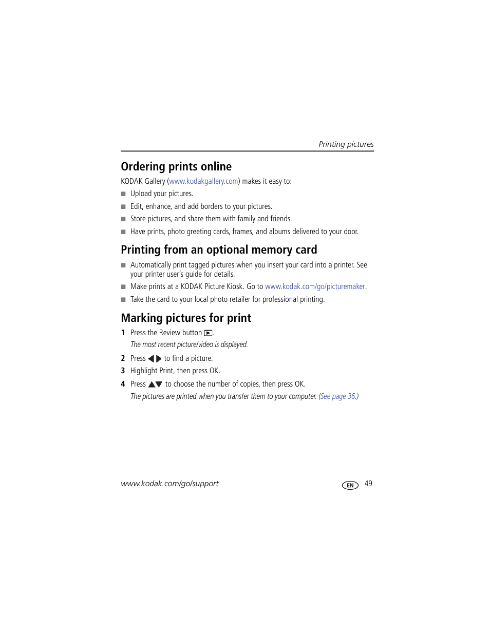 Ordering prints online, Printing from an optional memory card, Marking pictures for print | Kodak Z5120 User Manual | Page 57 / 80