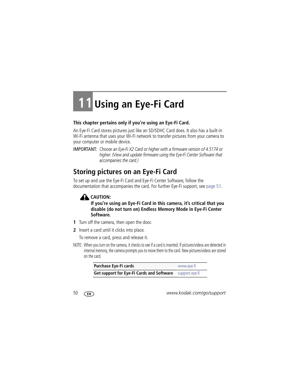 Using an eye-fi card, Storing pictures on an eye-fi card, 11 using an eye-fi card | Kodak Z5120 User Manual | Page 58 / 80