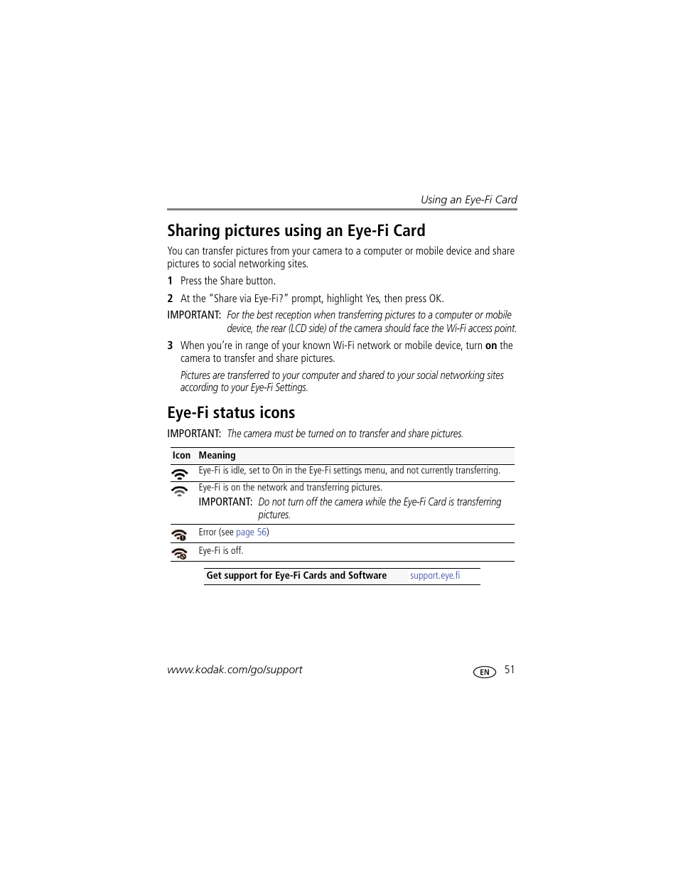 Eye-fi status icons, Sharing pictures using an eye-fi card | Kodak Z5120 User Manual | Page 59 / 80