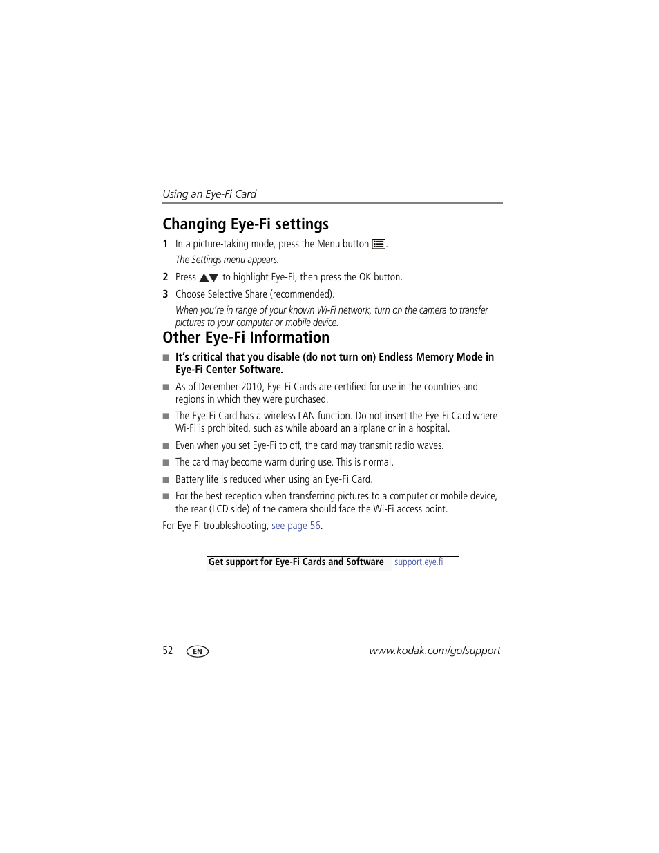 Other eye-fi information, Changing eye-fi settings other eye-fi information, Eye-fi card (see | Changing eye-fi settings | Kodak Z5120 User Manual | Page 60 / 80