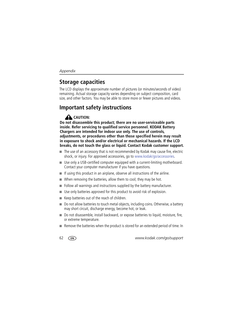 Important safety instructions, Storage capacities important safety instructions, Storage capacities | Kodak Z5120 User Manual | Page 70 / 80