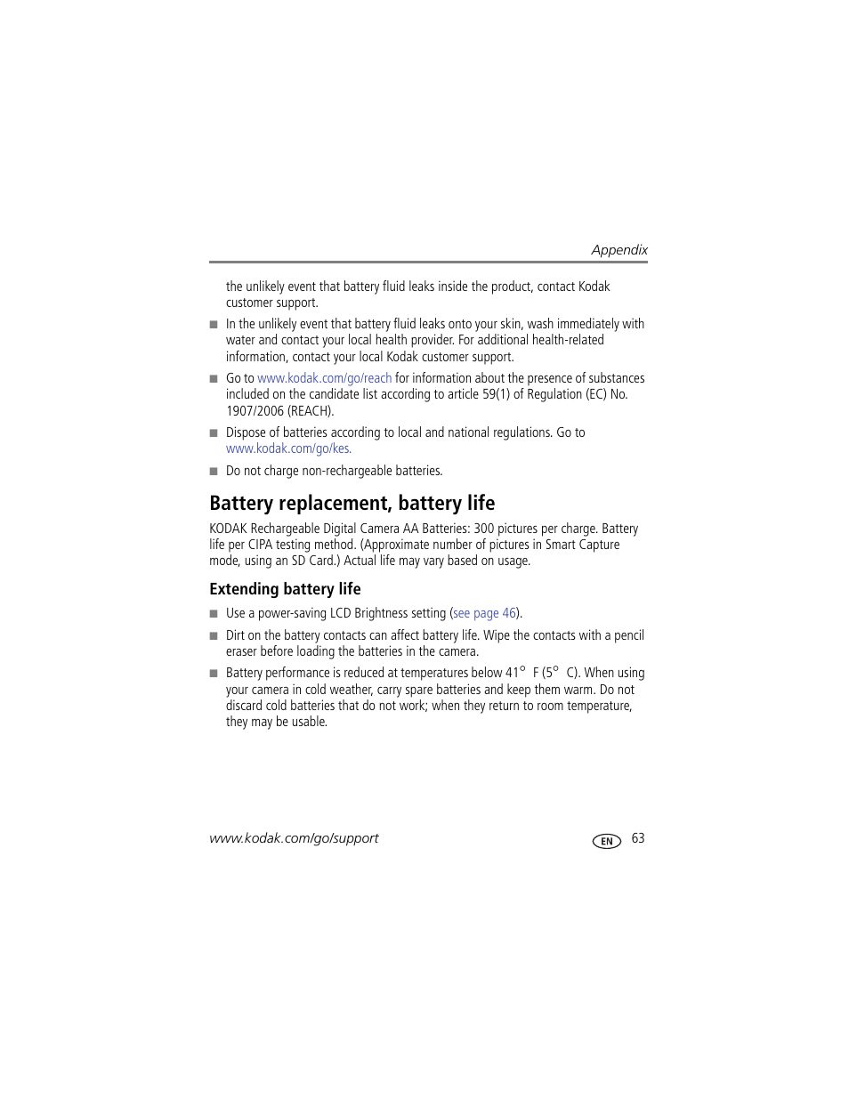 Battery replacement, battery life, Extending battery life | Kodak Z5120 User Manual | Page 71 / 80