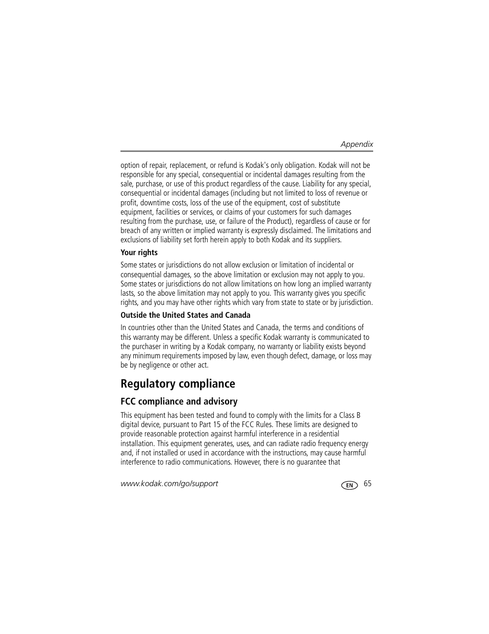 Regulatory compliance, Fcc compliance and advisory | Kodak Z5120 User Manual | Page 73 / 80