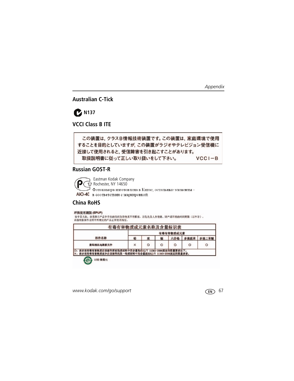 Australian c-tick, Vcci class b ite, Russian gost-r | China rohs | Kodak Z5120 User Manual | Page 75 / 80