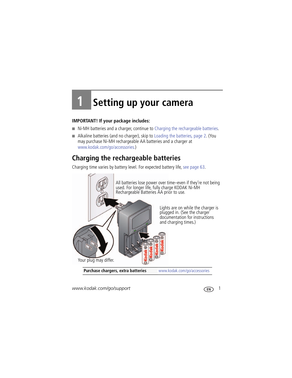 Setting up your camera, Charging the rechargeable batteries, 1 setting up your camera | Kodak Z5120 User Manual | Page 9 / 80
