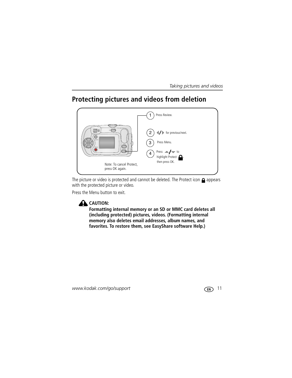 Protecting pictures and videos from deletion | Kodak C300 User Manual | Page 17 / 68