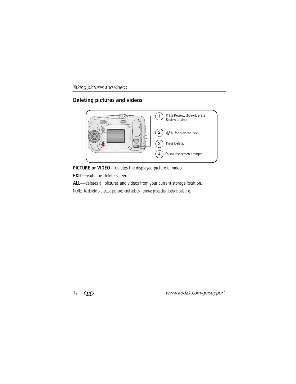 Deleting pictures and videos | Kodak C300 User Manual | Page 18 / 68