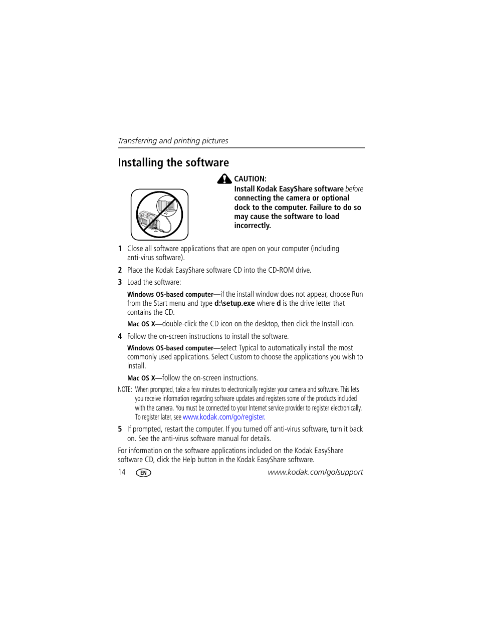 Installing the software | Kodak C300 User Manual | Page 20 / 68