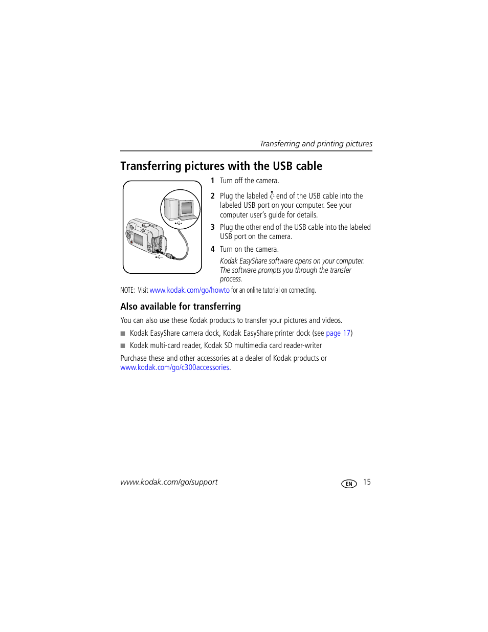 Transferring pictures with the usb cable, Also available for transferring | Kodak C300 User Manual | Page 21 / 68