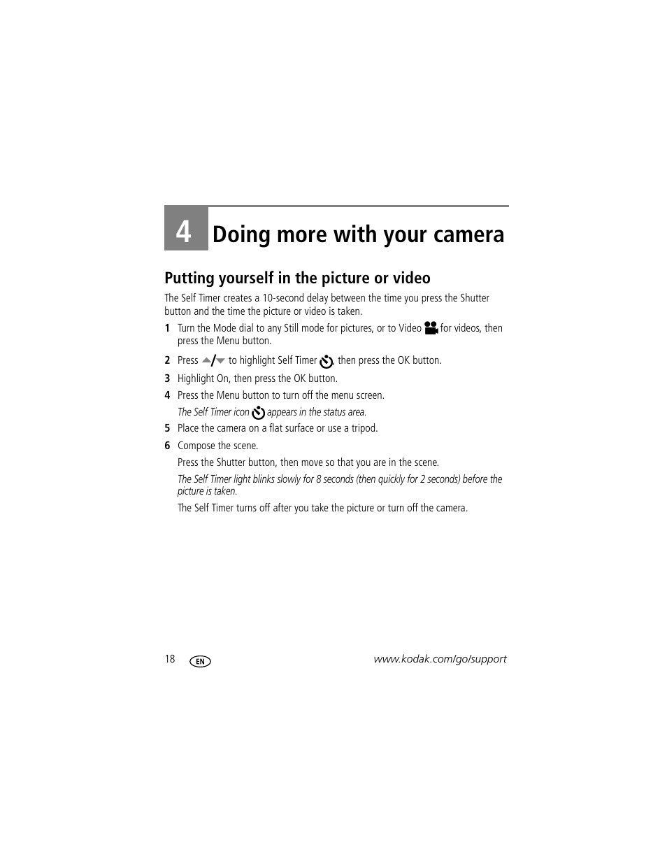 Doing more with your camera, Putting yourself in the picture or video, 4 doing more with your camera | Kodak C300 User Manual | Page 24 / 68