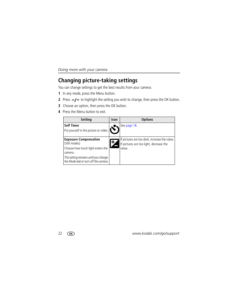 Changing picture-taking settings | Kodak C300 User Manual | Page 28 / 68