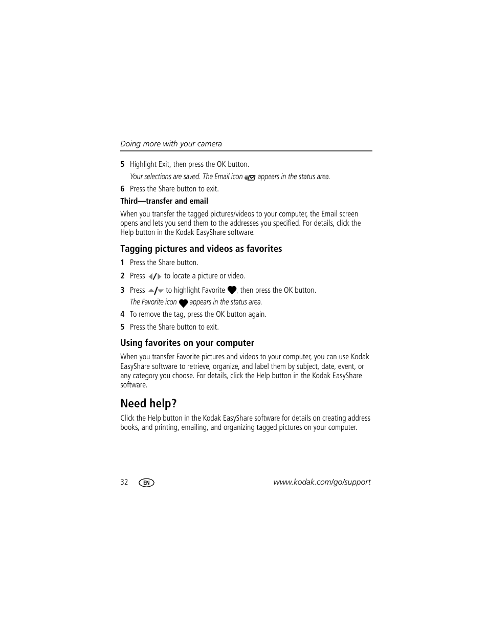 Third-transfer and email, Tagging pictures and videos as favorites, Using favorites on your computer | Need help | Kodak C300 User Manual | Page 38 / 68