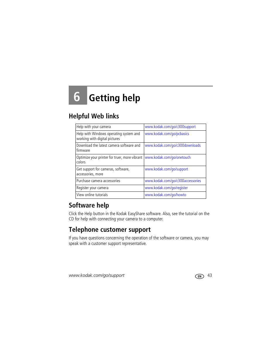 Getting help, Helpful web links, Software help | Telephone customer support, 6 getting help, Helpful web links software help | Kodak C300 User Manual | Page 49 / 68