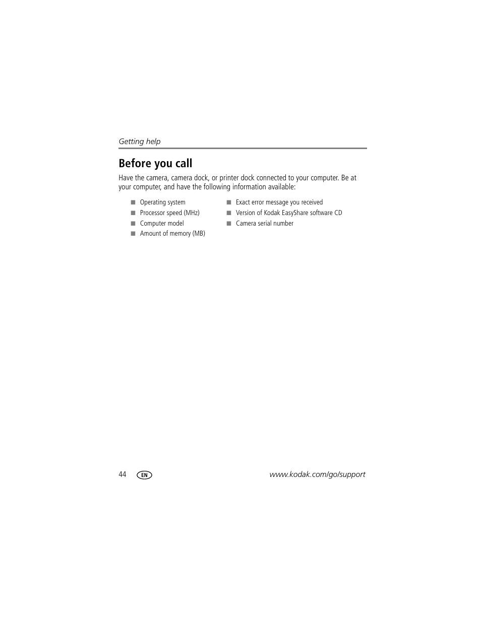 Before you call | Kodak C300 User Manual | Page 50 / 68