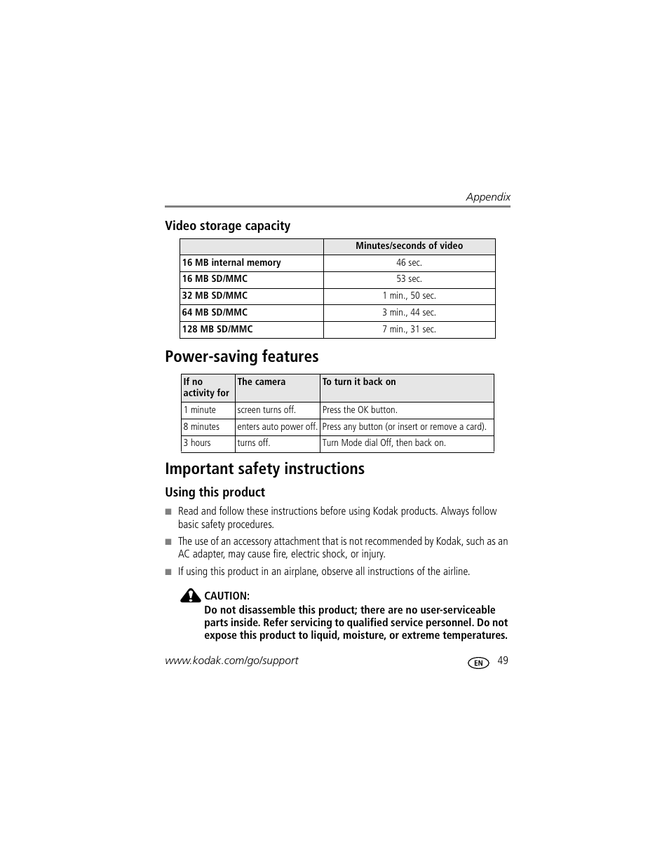 Video storage capacity, Power-saving features, Important safety instructions | Using this product | Kodak C300 User Manual | Page 55 / 68