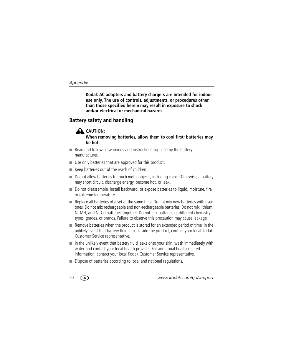 Battery safety and handling | Kodak C300 User Manual | Page 56 / 68