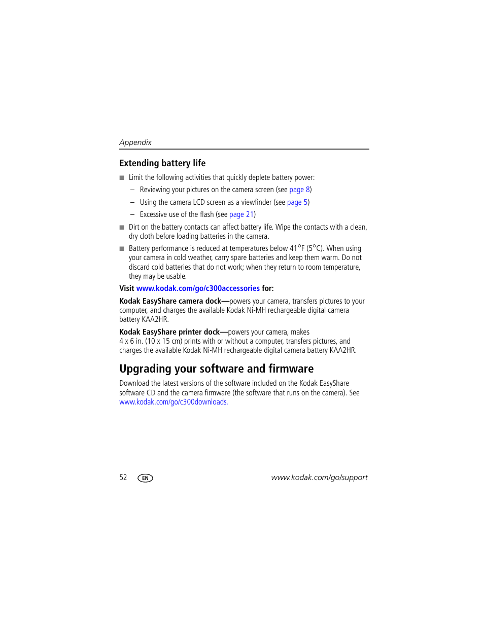Extending battery life, Upgrading your software and firmware | Kodak C300 User Manual | Page 58 / 68