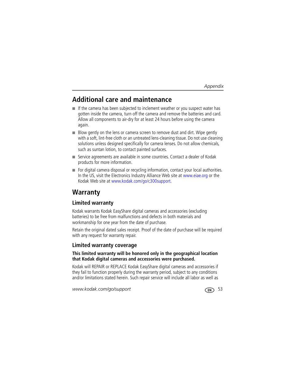 Additional care and maintenance, Warranty, Limited warranty | Limited warranty coverage, Additional care and maintenance warranty | Kodak C300 User Manual | Page 59 / 68