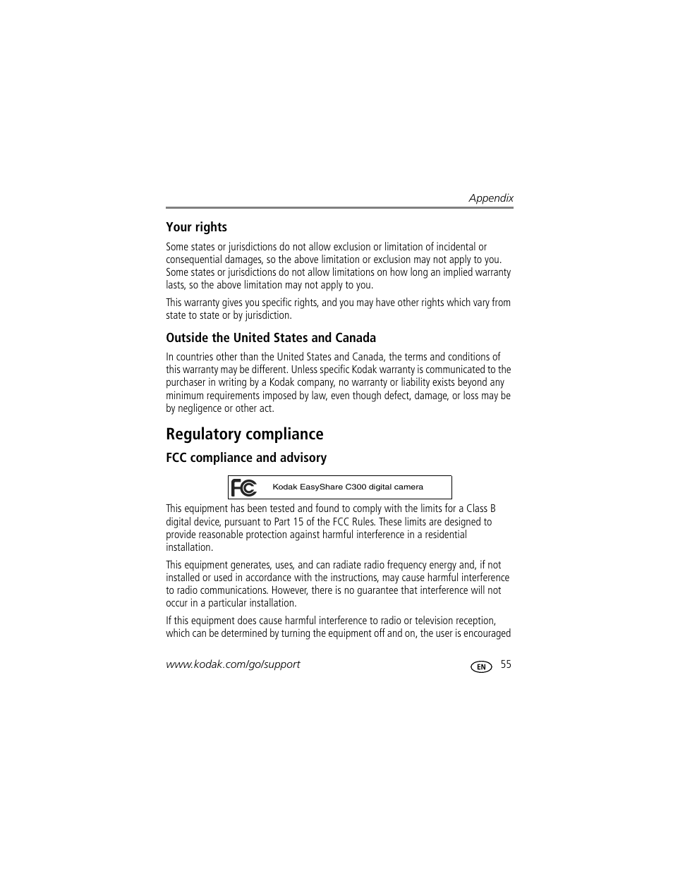 Your rights, Outside the united states and canada, Regulatory compliance | Fcc compliance and advisory | Kodak C300 User Manual | Page 61 / 68