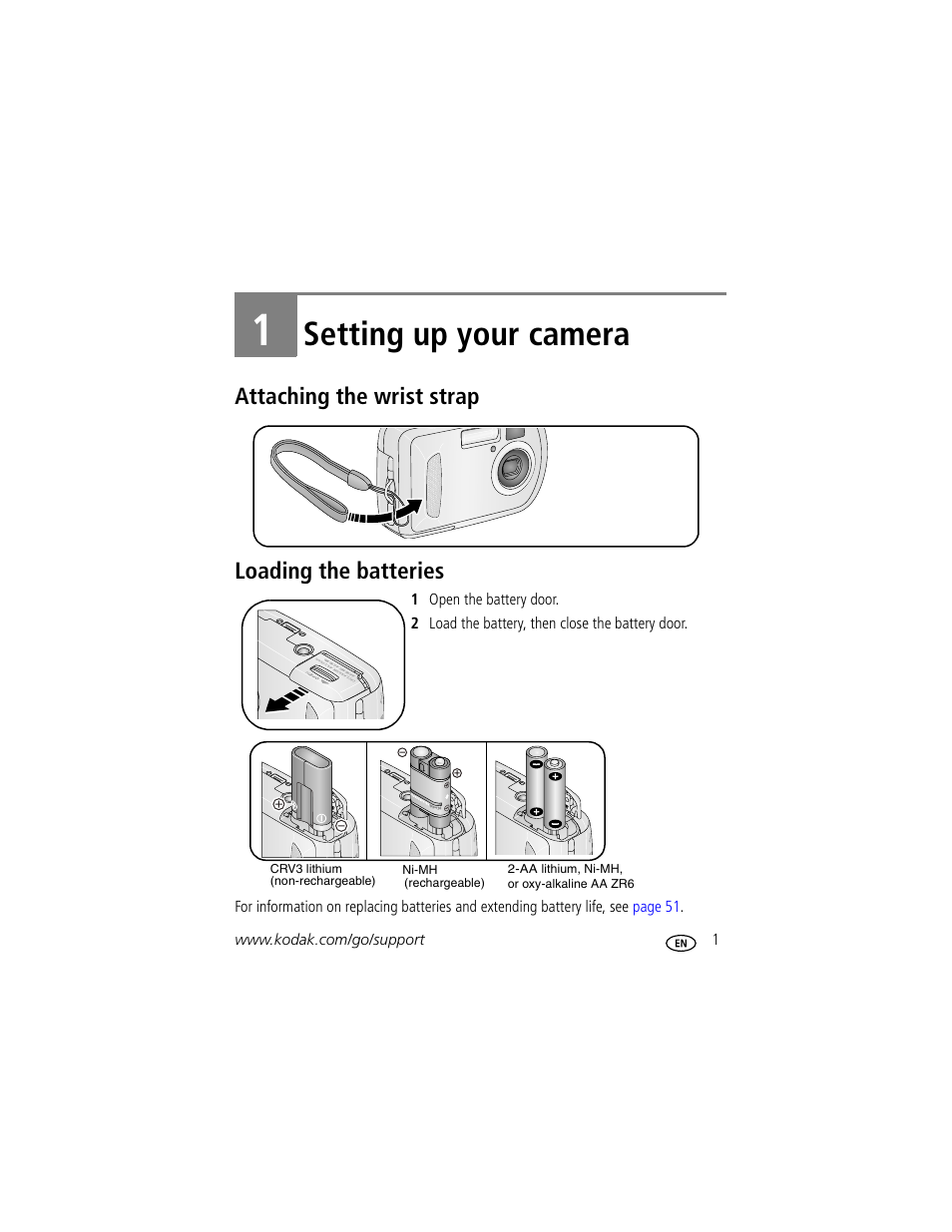 Setting up your camera, Attaching the wrist strap, Loading the batteries | 1 setting up your camera, Attaching the wrist strap loading the batteries | Kodak C300 User Manual | Page 7 / 68