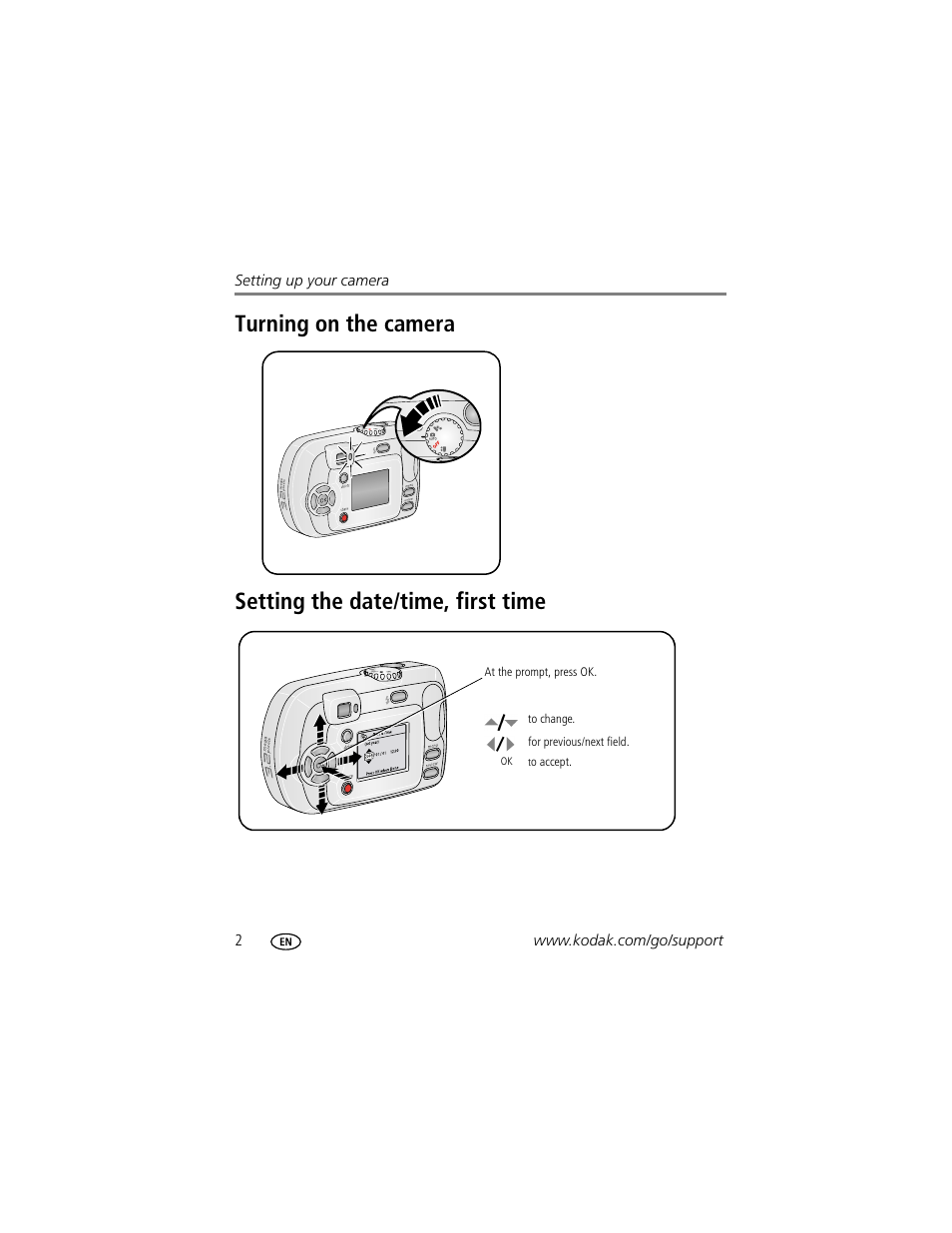 Turning on the camera, Setting the date/time, first time | Kodak C300 User Manual | Page 8 / 68