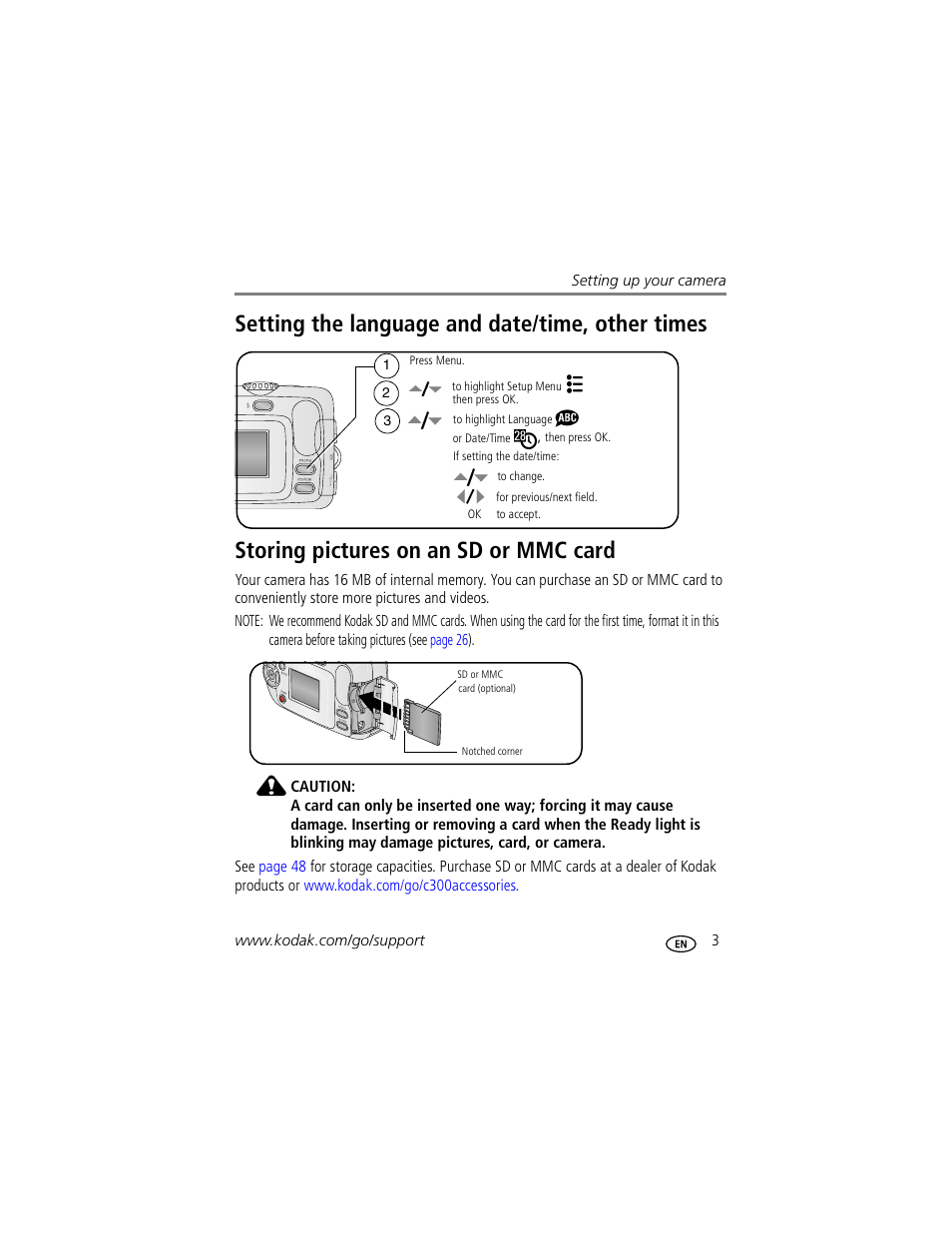 Setting the language and date/time, other times, Storing pictures on an sd or mmc card | Kodak C300 User Manual | Page 9 / 68