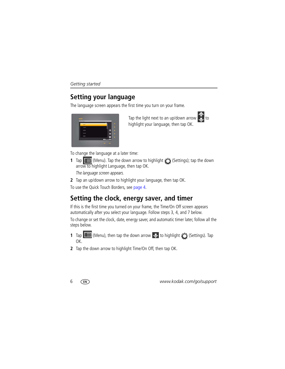 Setting your language, Setting the clock, energy saver, and timer | Kodak S730 User Manual | Page 12 / 61