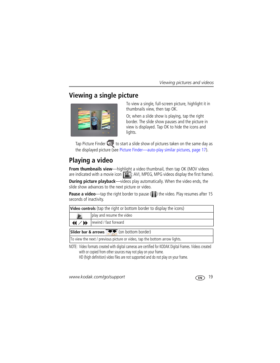 Viewing a single picture, Playing a video, Viewing a single picture playing a video | Kodak S730 User Manual | Page 25 / 61