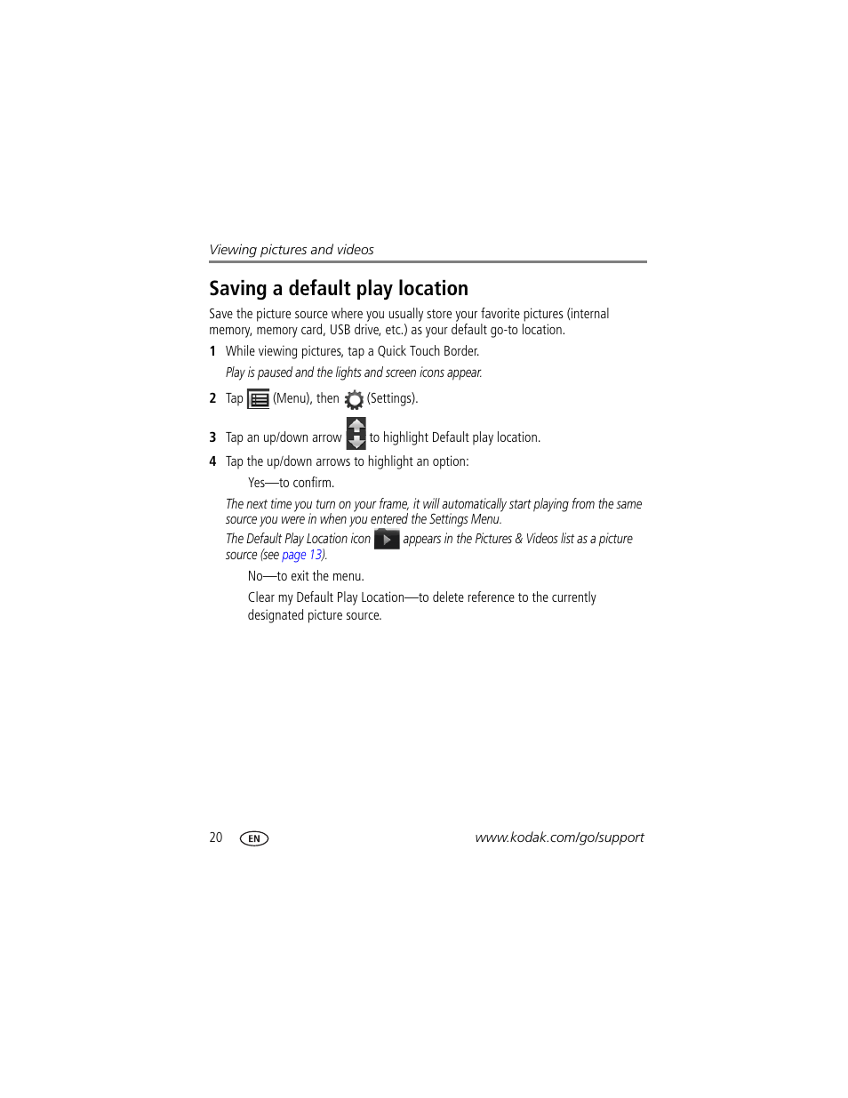 Saving a default play location | Kodak S730 User Manual | Page 26 / 61