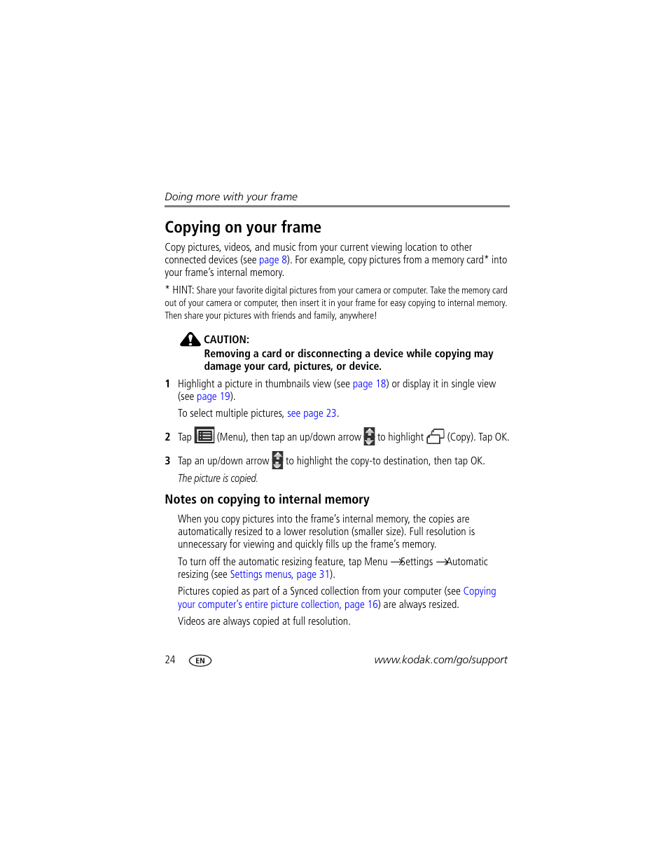 Copying on your frame, Notes on copying to internal memory, R device | Kodak S730 User Manual | Page 30 / 61