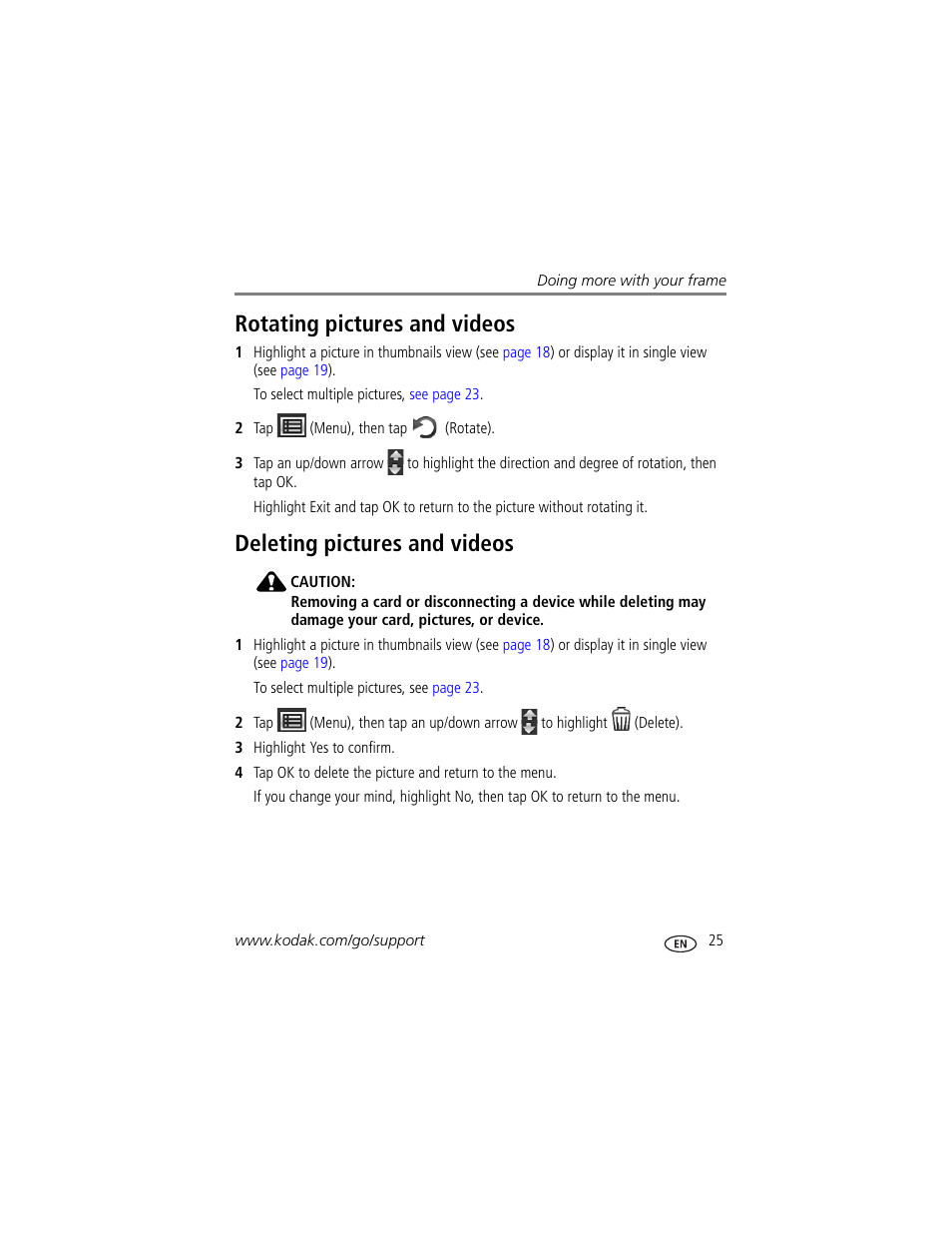 Rotating pictures and videos, Deleting pictures and videos | Kodak S730 User Manual | Page 31 / 61