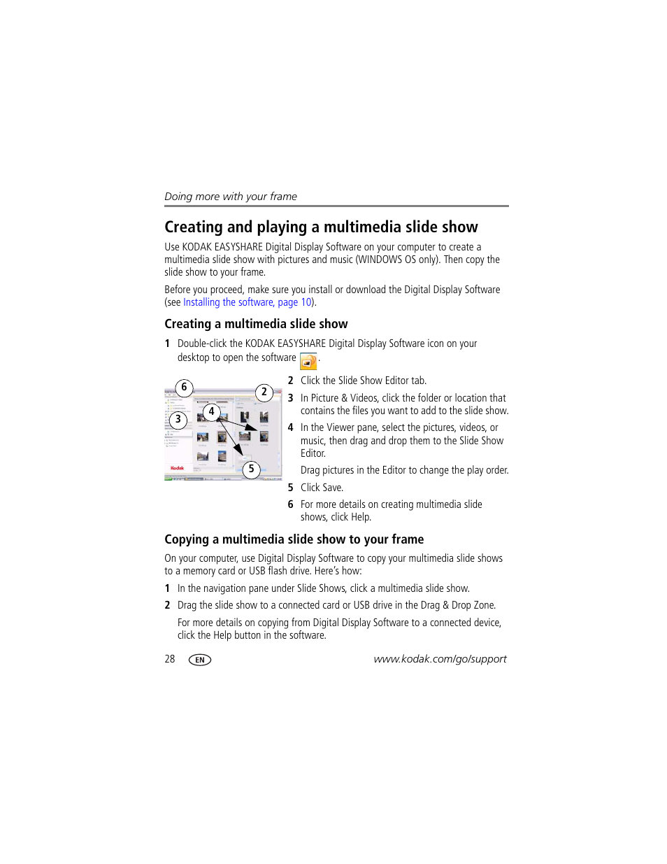 Creating and playing a multimedia slide show, Creating a multimedia slide show, Copying a multimedia slide show to your frame | Kodak S730 User Manual | Page 34 / 61