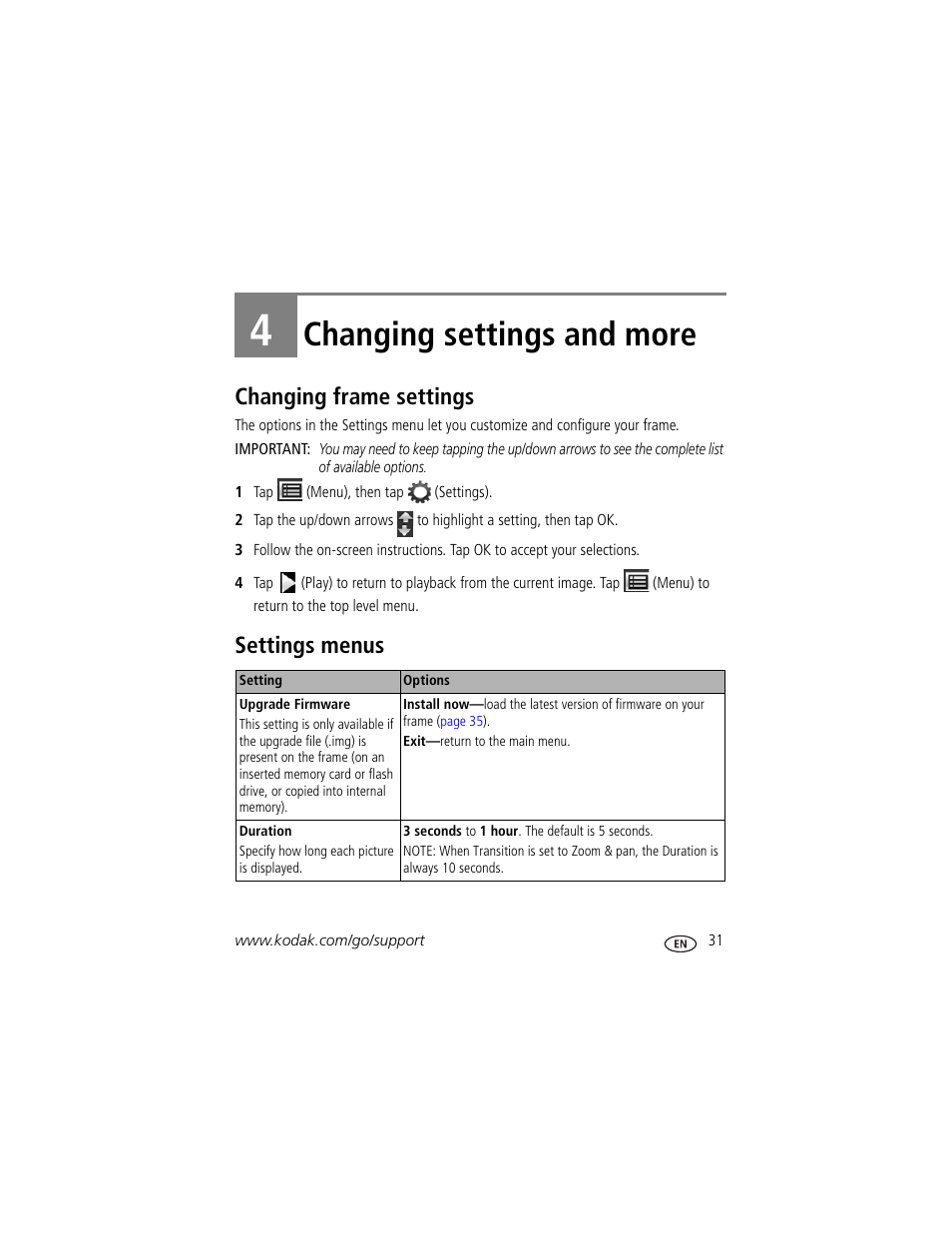 Changing settings and more, Changing frame settings, Settings menus | 4 changing settings and more, Changing frame settings settings menus, Chapter 4, changing settings and more, See the | Kodak S730 User Manual | Page 37 / 61