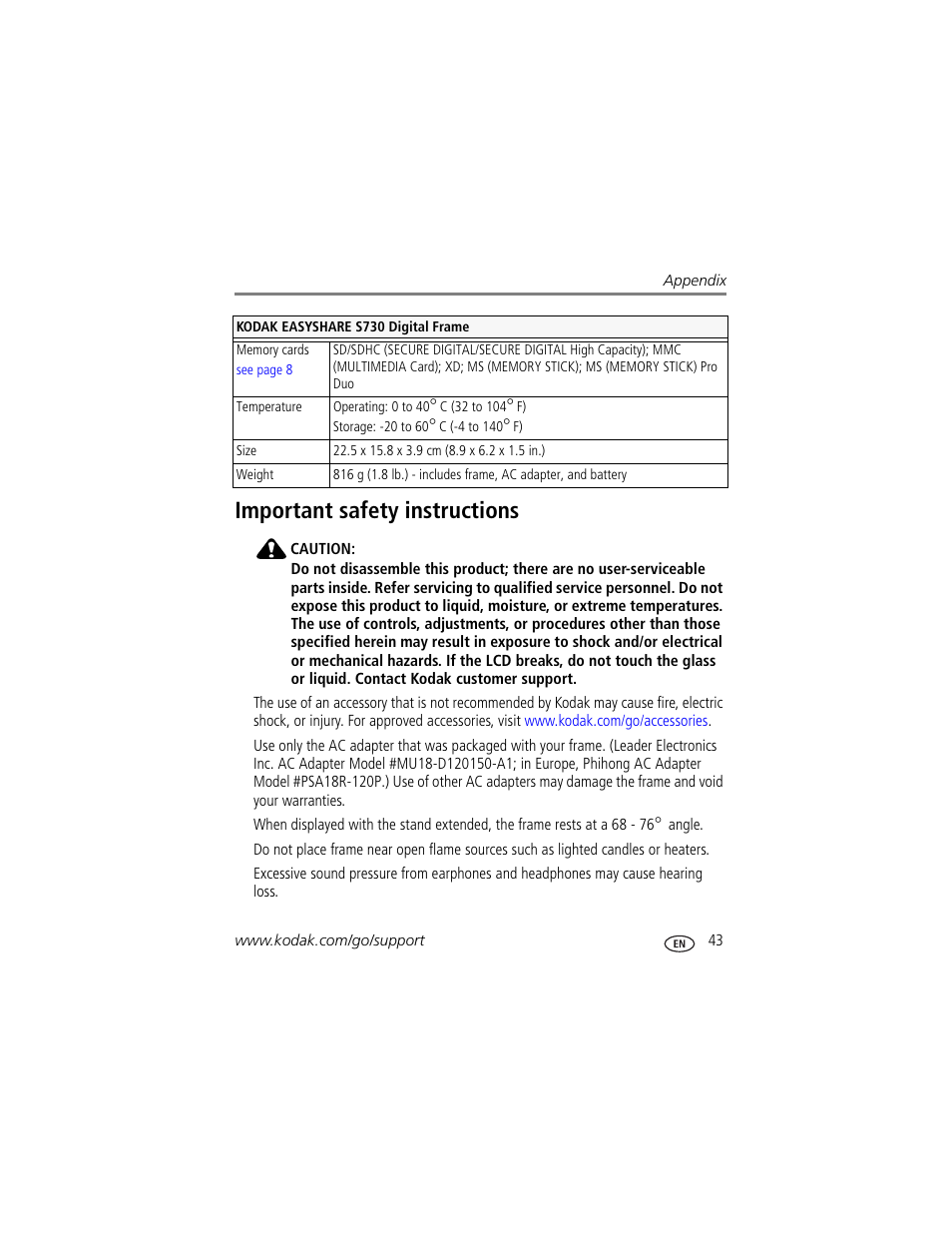 Important safety instructions | Kodak S730 User Manual | Page 49 / 61