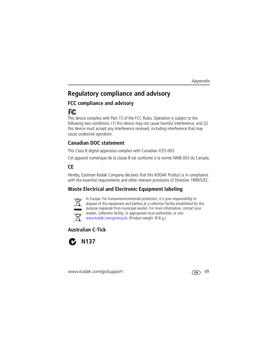 Regulatory compliance and advisory, Fcc compliance and advisory, Canadian doc statement | Waste electrical and electronic equipment labeling, Australian c-tick, N137 | Kodak S730 User Manual | Page 55 / 61