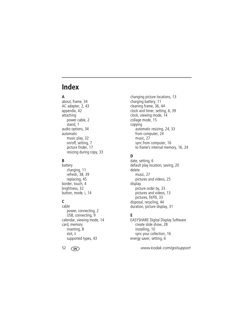 Index | Kodak S730 User Manual | Page 58 / 61