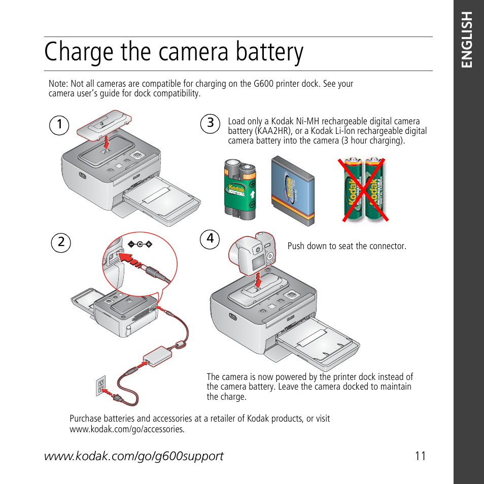 Charge the camera battery | Kodak G600 User Manual | Page 11 / 22