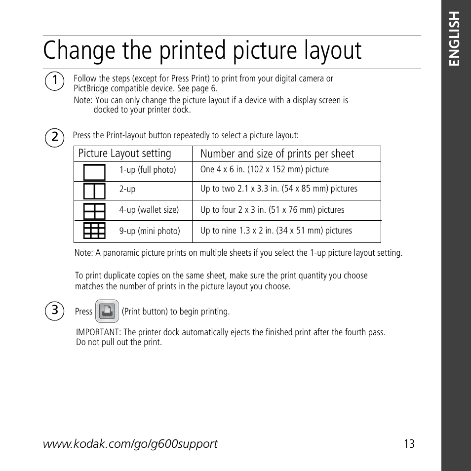 Change the printed picture layout, Eng lish | Kodak G600 User Manual | Page 13 / 22