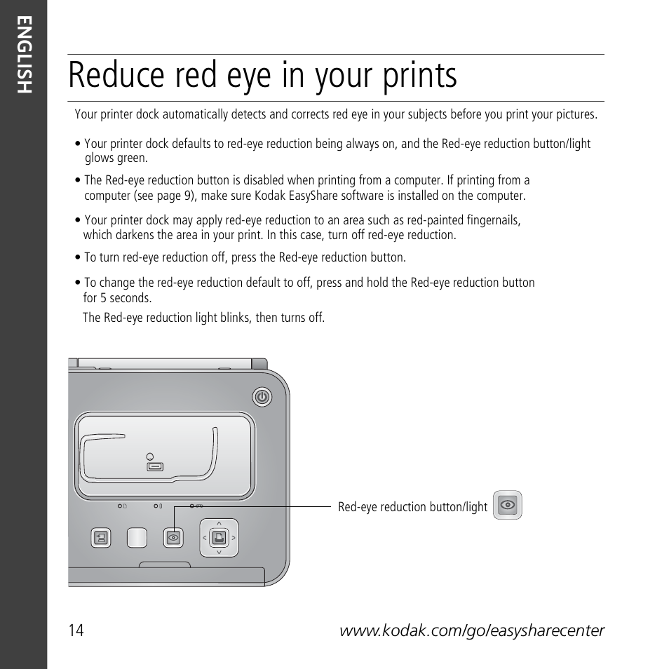 Reduce red eye in your prints, En gli sh | Kodak G600 User Manual | Page 14 / 22