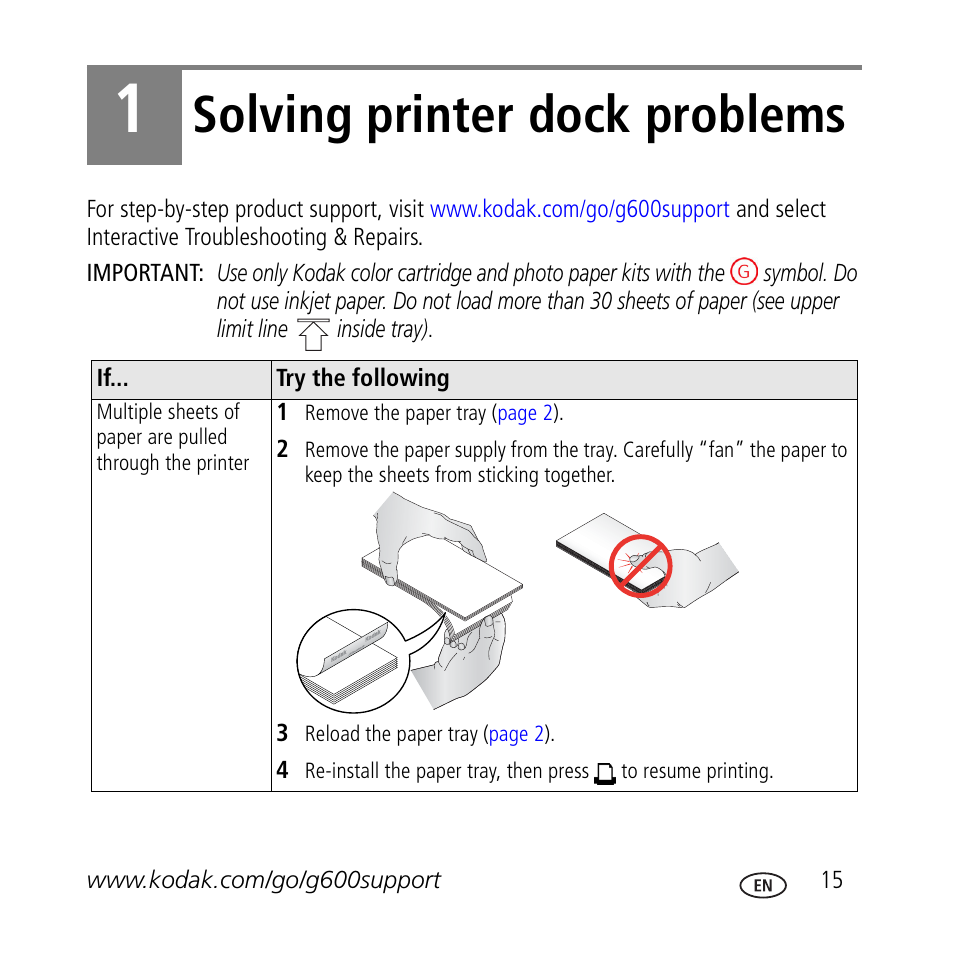 Solving printer dock problems | Kodak G600 User Manual | Page 15 / 22