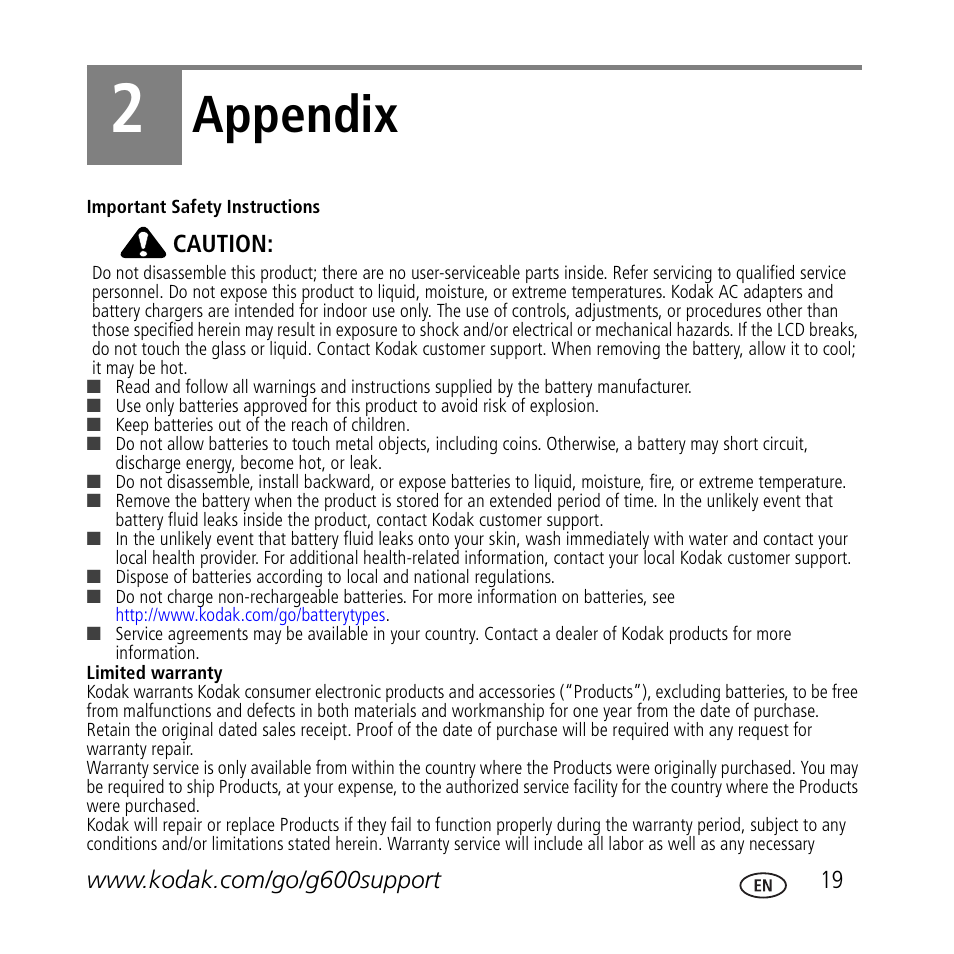 Appendix | Kodak G600 User Manual | Page 19 / 22