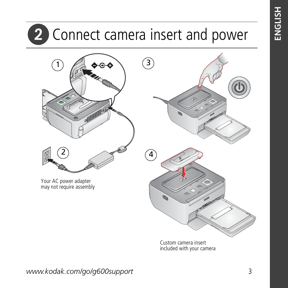 Connect camera insert and power | Kodak G600 User Manual | Page 3 / 22