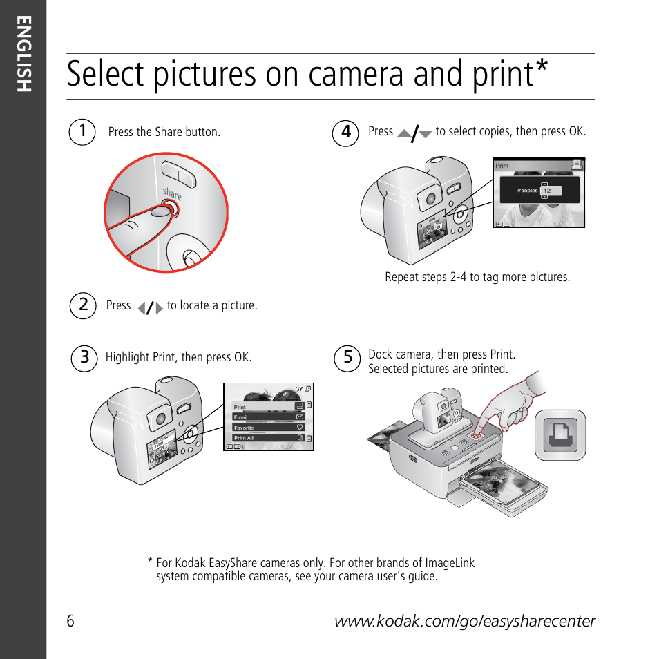 Select pictures on camera and print, En gli sh | Kodak G600 User Manual | Page 6 / 22