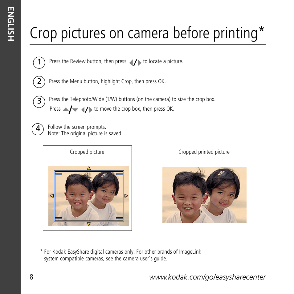 Crop pictures on camera before printing, En gli sh | Kodak G600 User Manual | Page 8 / 22