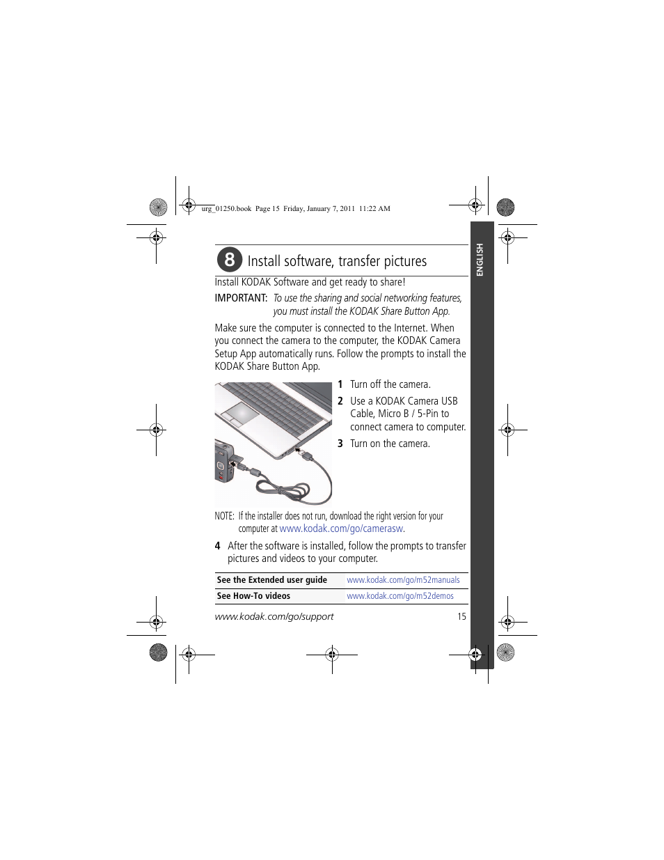 Install software, transfer pictures | Kodak M52 User Manual | Page 15 / 26