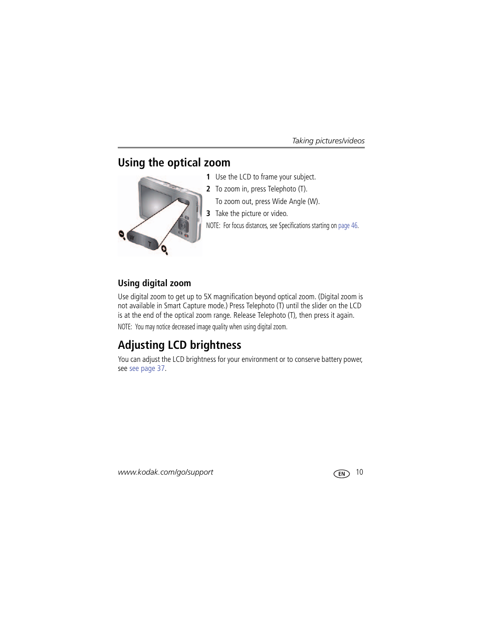 Using the optical zoom, Using digital zoom, Adjusting lcd brightness | Using the optical zoom adjusting lcd brightness | Kodak M23 User Manual | Page 17 / 68