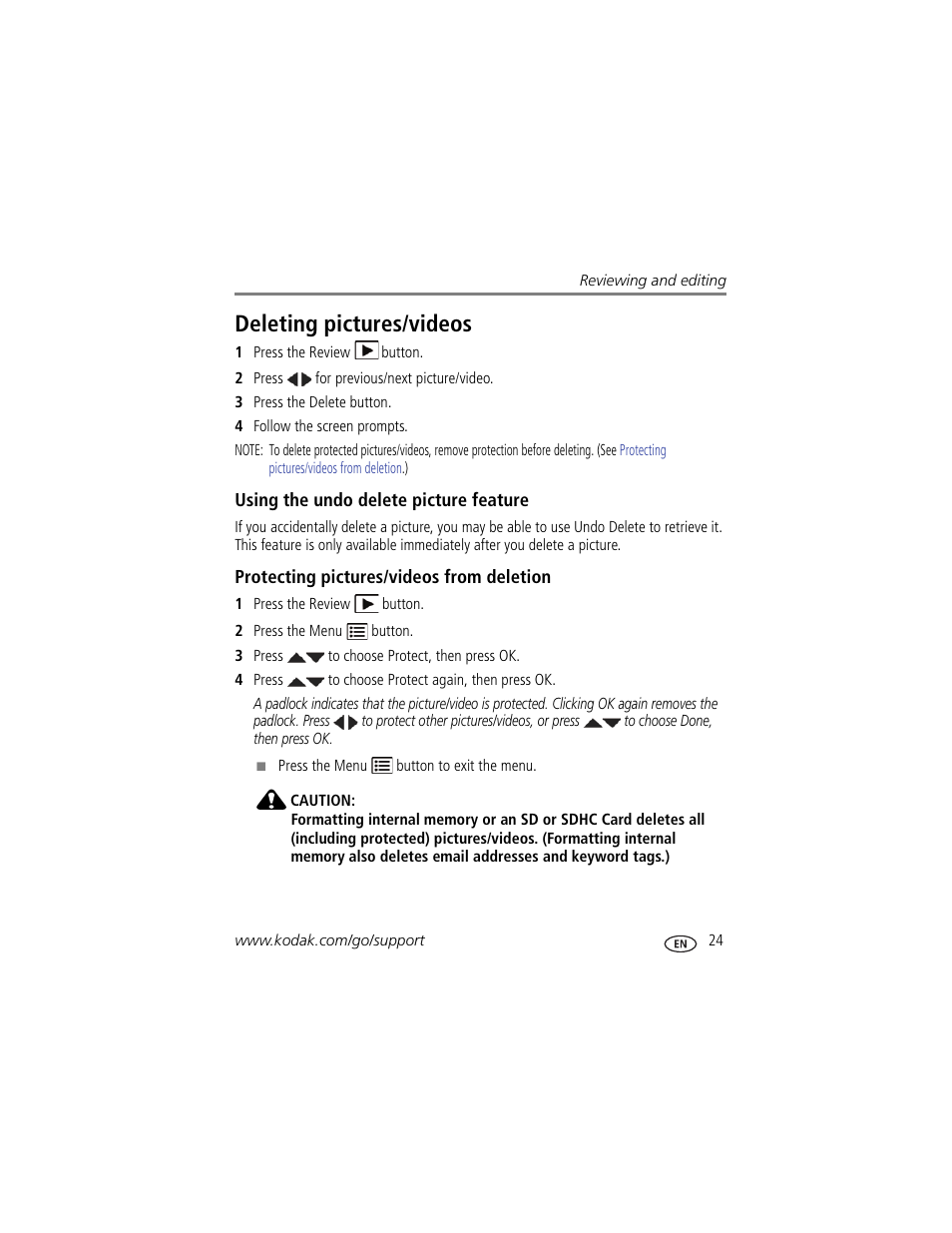 Deleting pictures/videos, Using the undo delete picture feature, Protecting pictures/videos from deletion | Kodak M23 User Manual | Page 31 / 68